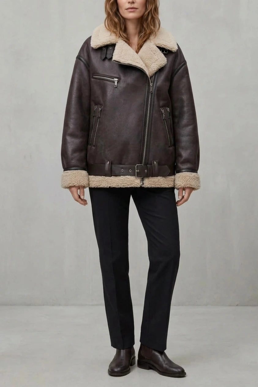 Women's Aviator Coat with Belted Shearling Trim – Aveline — variant_front