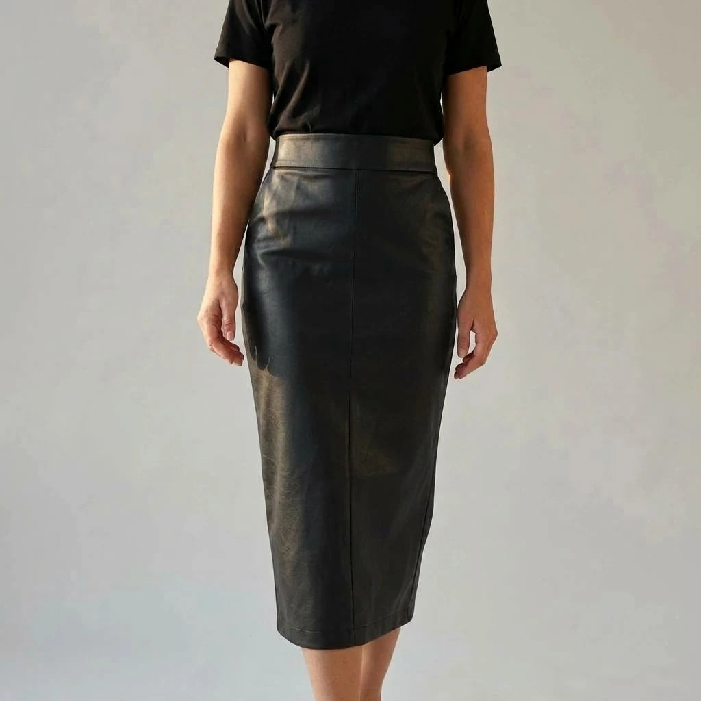 Women's High Waisted Faux Leather Midi Skirt - Palomine — variant_front