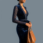 Velvet Slim Fit Midi Dress with V-Neck and Long Lace Sleeves for Women — variant_front