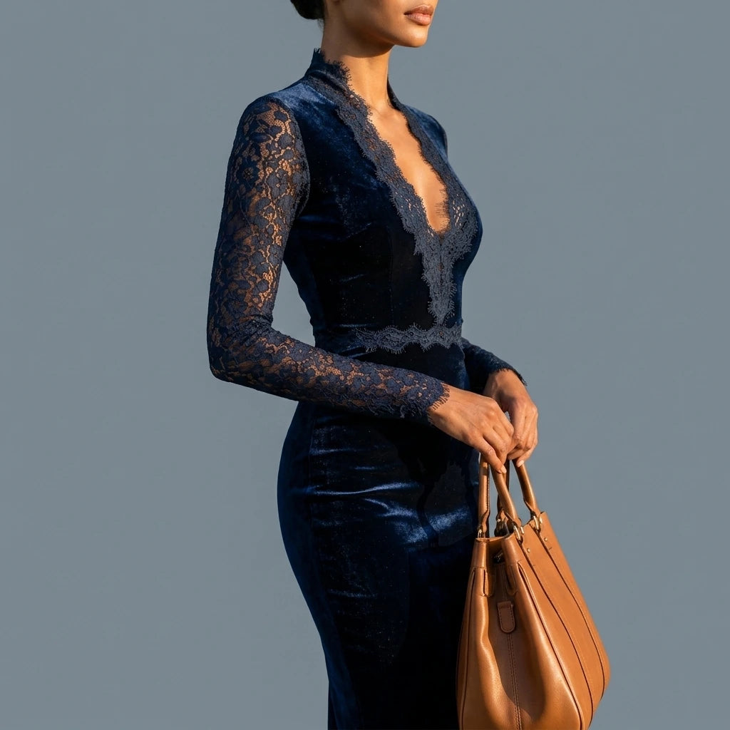 Velvet Slim Fit Midi Dress with V-Neck and Long Lace Sleeves for Women — variant_front