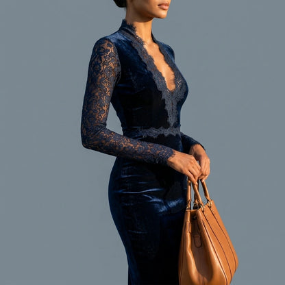 Velvet Slim Fit Midi Dress with V-Neck and Long Lace Sleeves for Women — variant_front