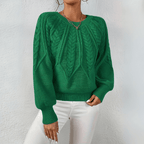 Cable Knit Sweater with Puff Sleeves and Round Neckline — variant_front