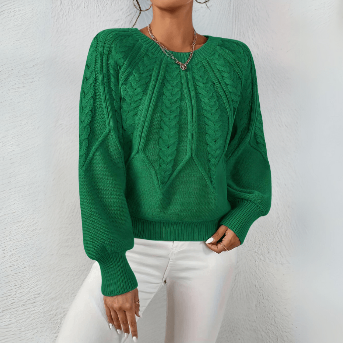 Cable Knit Sweater with Puff Sleeves and Round Neckline — variant_front