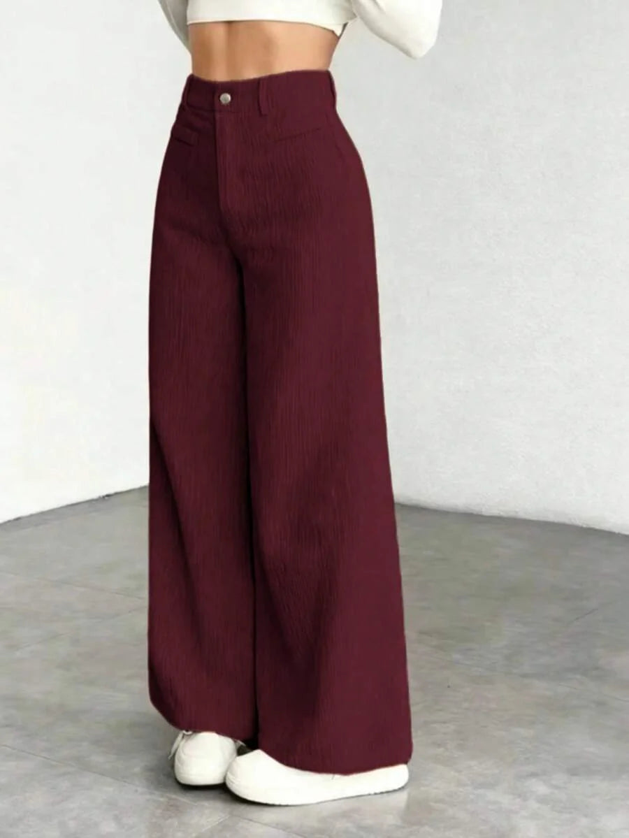 High Waist Wide Leg Corduroy Trousers with Flap Pockets — variant_front