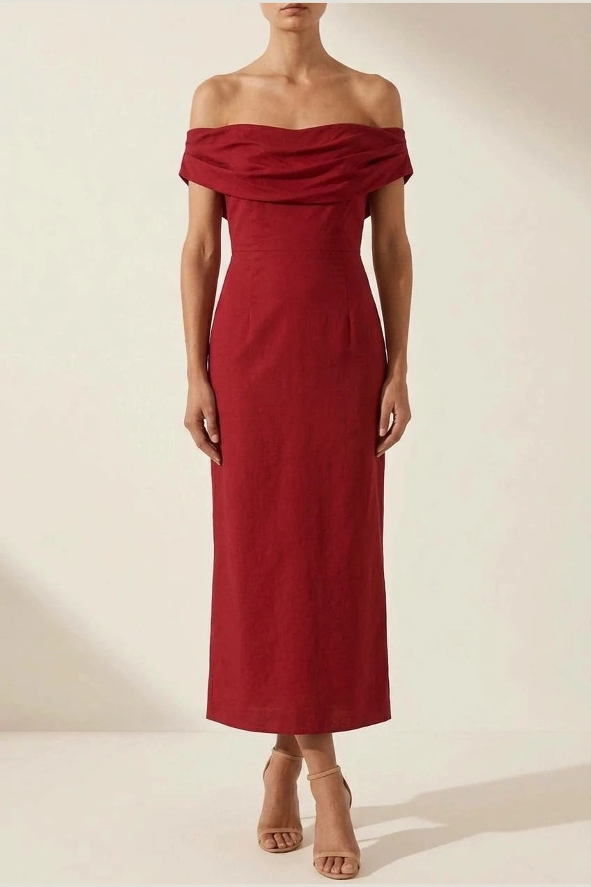 Scarlett | Women's Off-Shoulder Midi Cocktail Party Dress Cotton Blend — variant_front
