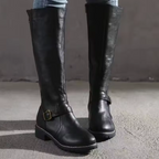 Classic Leather Knee High Boots with Buckle Strap and Block Heel — variant_front