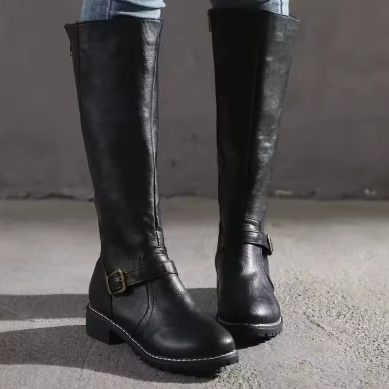 Classic Leather Knee High Boots with Buckle Strap and Block Heel — variant_front