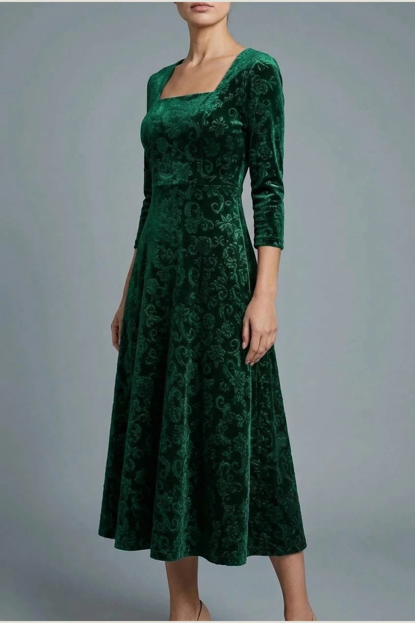 Scarlett | Women's Square Neck Velvet Floral Embossed Party Dress — variant_front