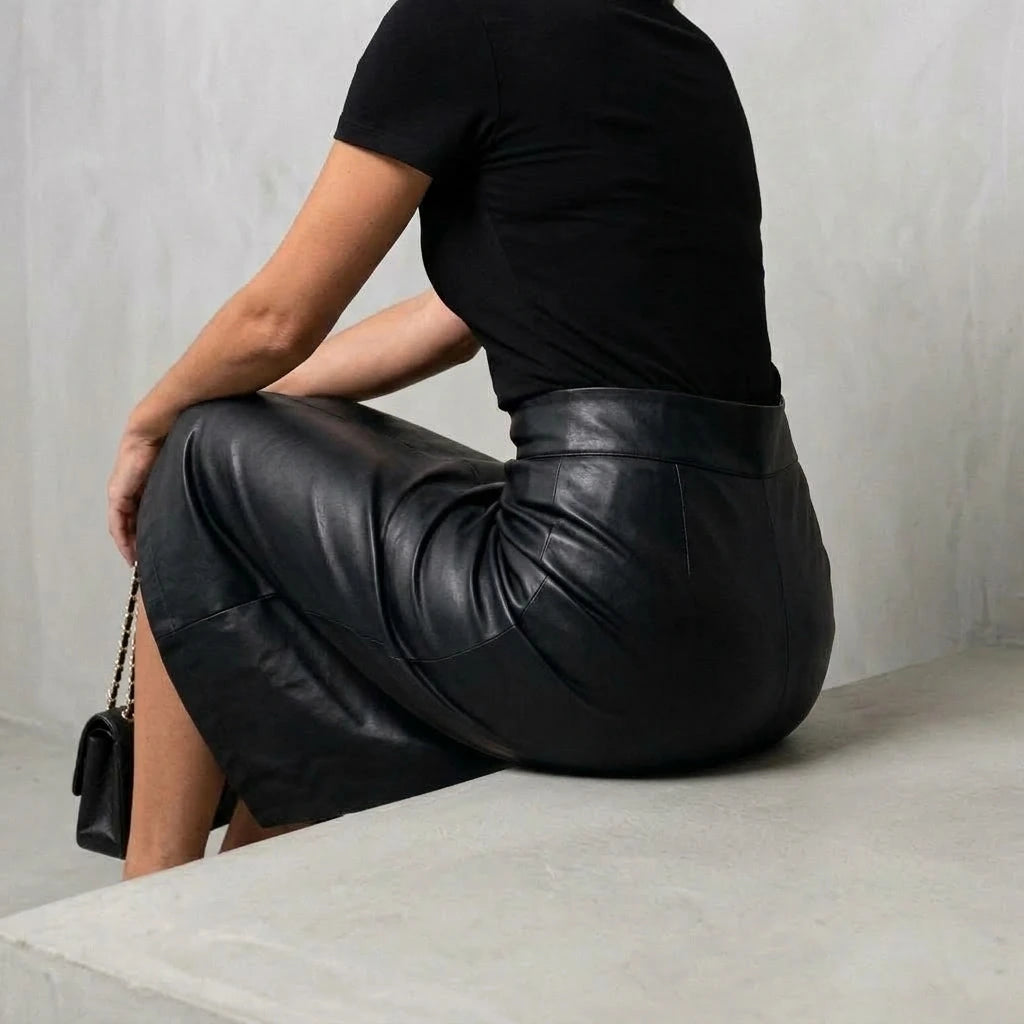 Women's High Waisted Faux Leather Midi Skirt - Palomine — variant_front