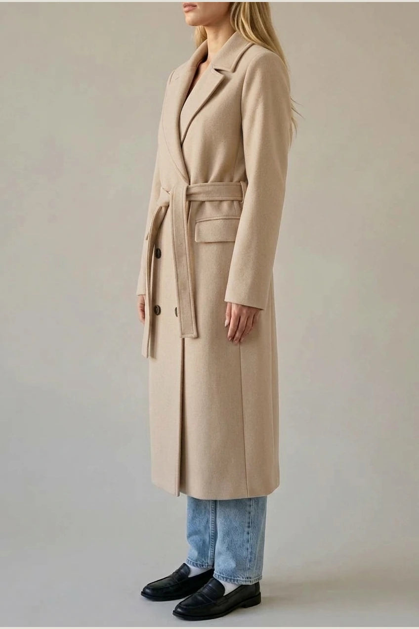 Women's Long Coat Wool Blend Belted Structured Tailored Fit Office — variant_front