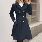 Double Breasted Wool Coat with Pleated Flared Skirt and Gold Buttons — variant_front