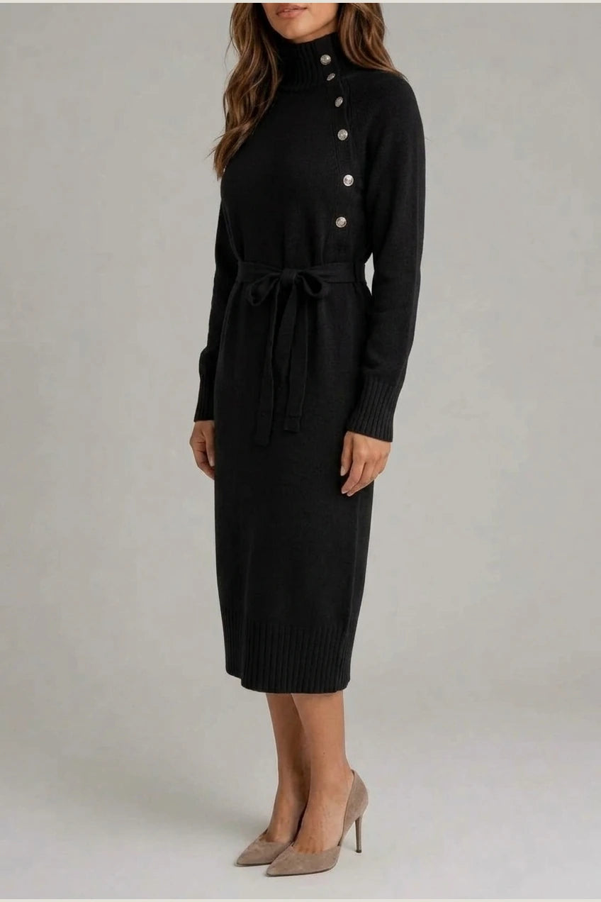 Women’s Cotton Knitted Midi Dress – Roll Neck Belted Jumper Dress — variant_front