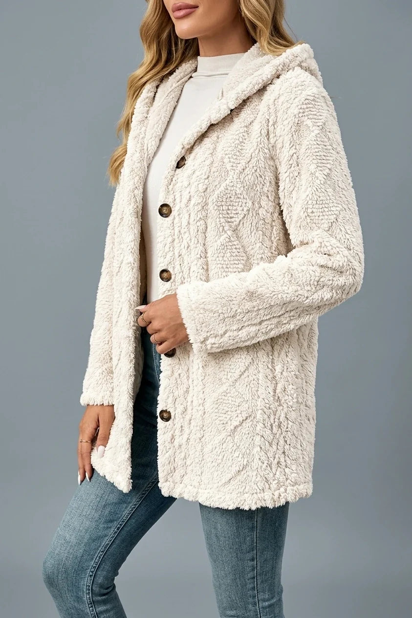 Women'S New Elegant Diamond Pattern Side Decorative Button Wool Teddy Bear Coat Hooded Jacket Warm Outerwear — variant_front