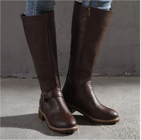 Classic Leather Knee High Boots with Buckle Strap and Block Heel — variant_front