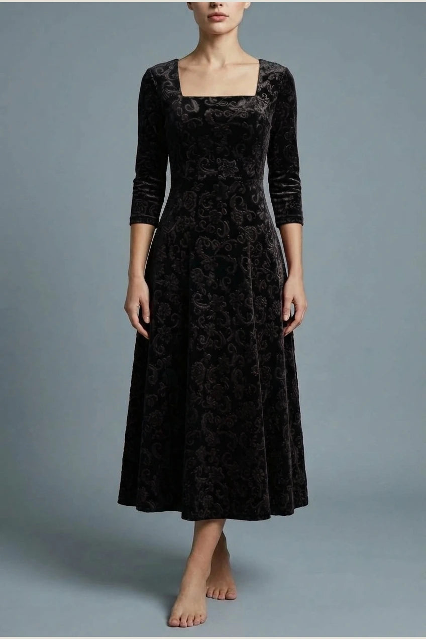 Scarlett | Women's Square Neck Velvet Floral Embossed Party Dress — variant_front