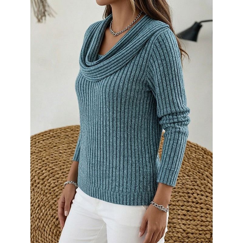 Ribbed Knit Sweater with Cowl Neck and Long Sleeves — variant_front