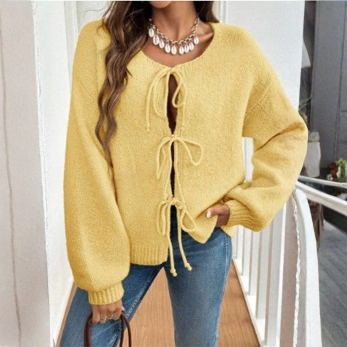 Relaxed Knit Cardigan with Tie Front and Puff Sleeves — variant_front