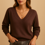 Soft Knit Sweater with Ribbed V-Neckline and Ribbed Cuffs — variant_front