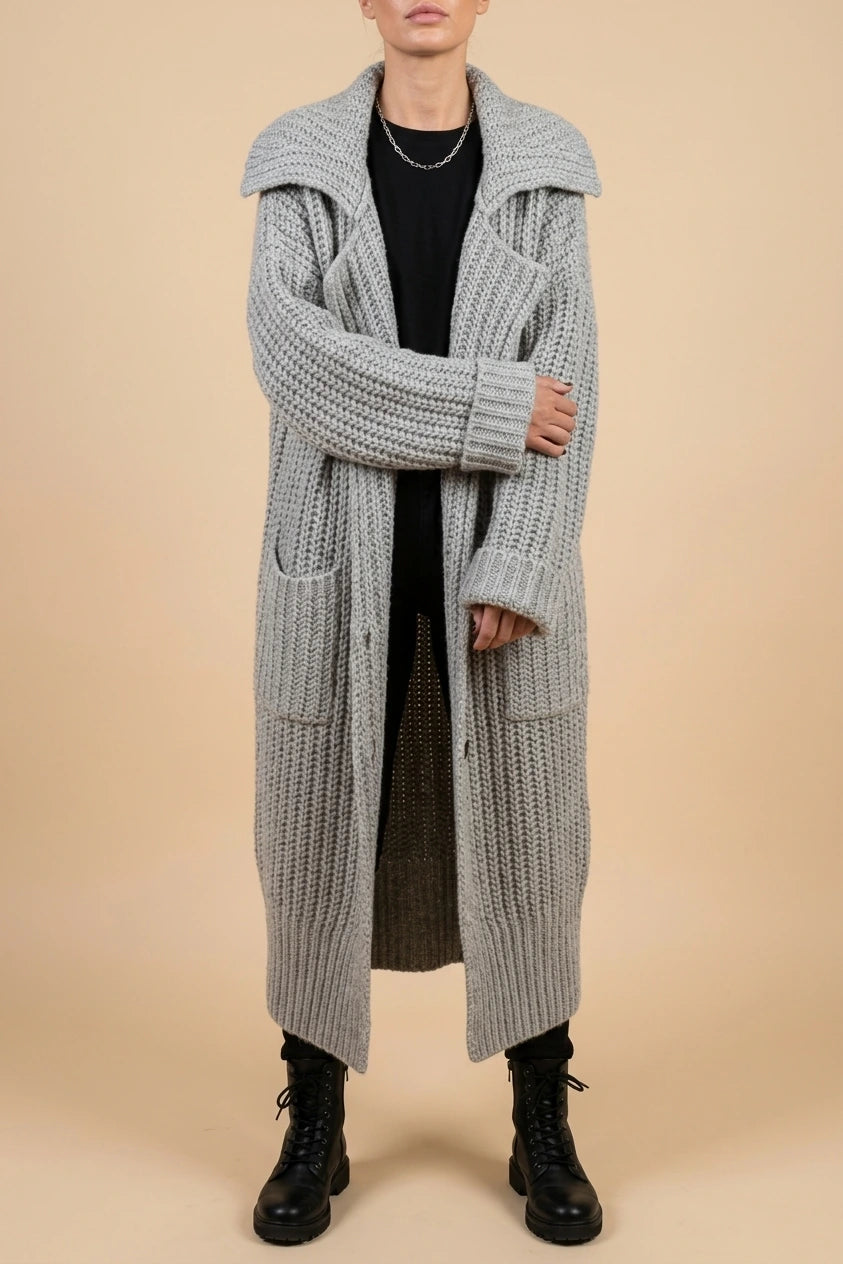 Phoebe | Women's Oversized Chunky Knit Lapel Longline Cardigan — variant_front