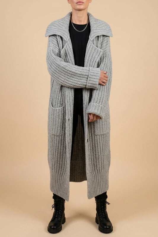 Phoebe | Women's Oversized Chunky Knit Lapel Longline Cardigan — variant_front