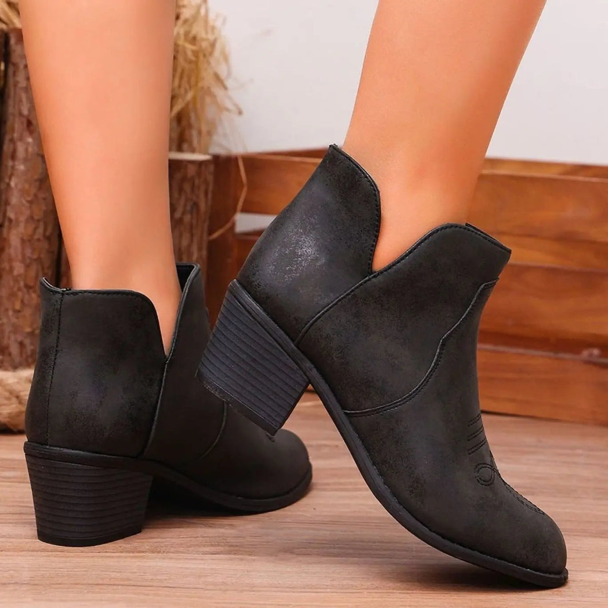 Western Ankle Boots with Block Heel and Stitch Detail — variant_front