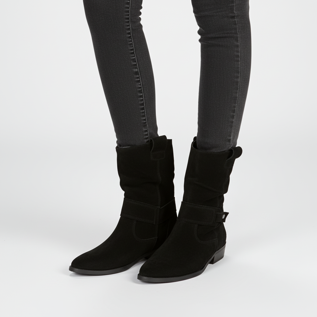 Slouchy Suede Ankle Boots with Strap and Block Heel — variant_front