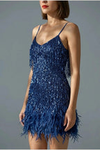 Sophie | Women's Sequin Fringe Feather Trim Cocktail Dress — variant_front