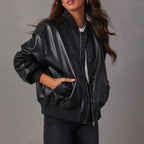 Oversized Leather Bomber Jacket with Ribbed Trim — variant_front