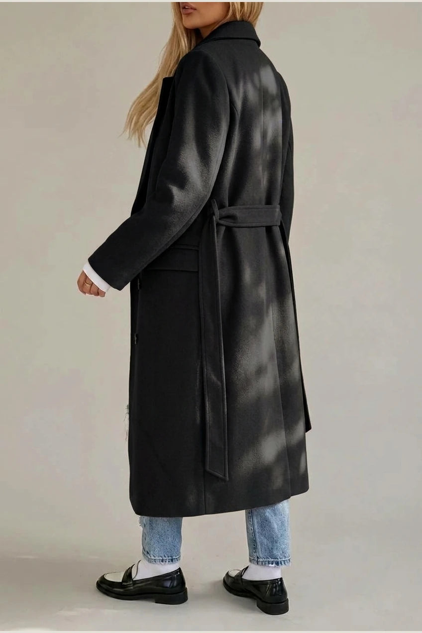 Women's Long Coat Wool Blend Belted Structured Tailored Fit Office — variant_front