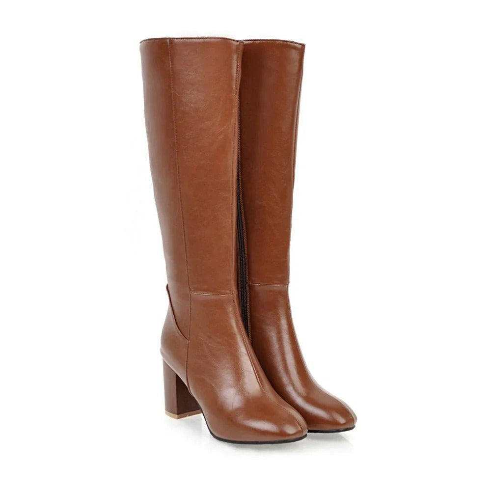 Heeled Knee High Leather Boots with Side Zip – Women's Block Heel — variant_front