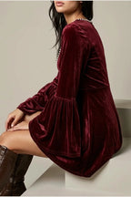 Mini Dress Women - Velvet Mini Dress with V-Neckline — variant_front