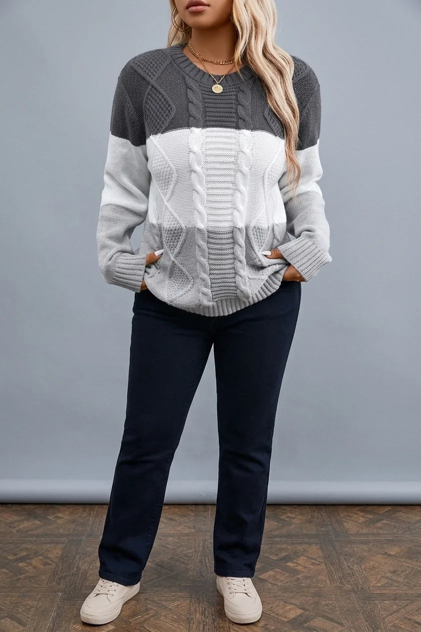 Plus Size, Plus Size Women's Autumn/Winter Casual Color Block Rhombus Pattern Pullover Sweater, Long Sleeve Crew Neck Cable Fabric Top — variant_front