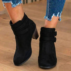 Suede Heeled Ankle Boots with Double Buckle Strap Detail — variant_front