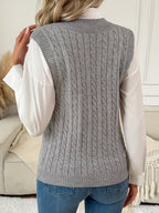 Cable Knit Sweater Vest V-Neck Slim Fit Ribbed Hem Layering — variant_front