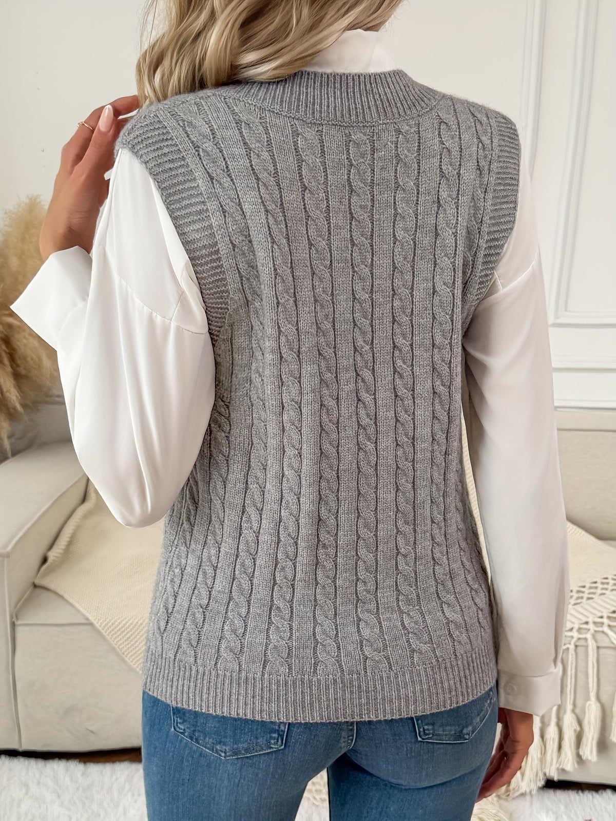 Cable Knit Sweater Vest V-Neck Slim Fit Ribbed Hem Layering — variant_front