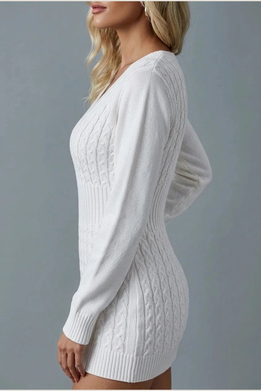 Women's Cable Knit V-Neck Jumper Dress Long Sleeve — variant_front