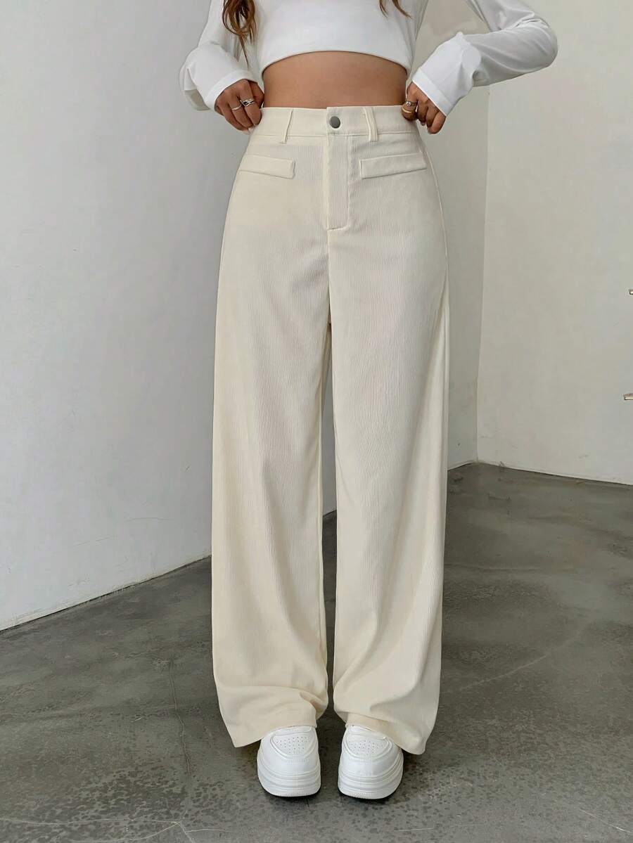 High Waist Wide Leg Corduroy Trousers with Flap Pockets — variant_front