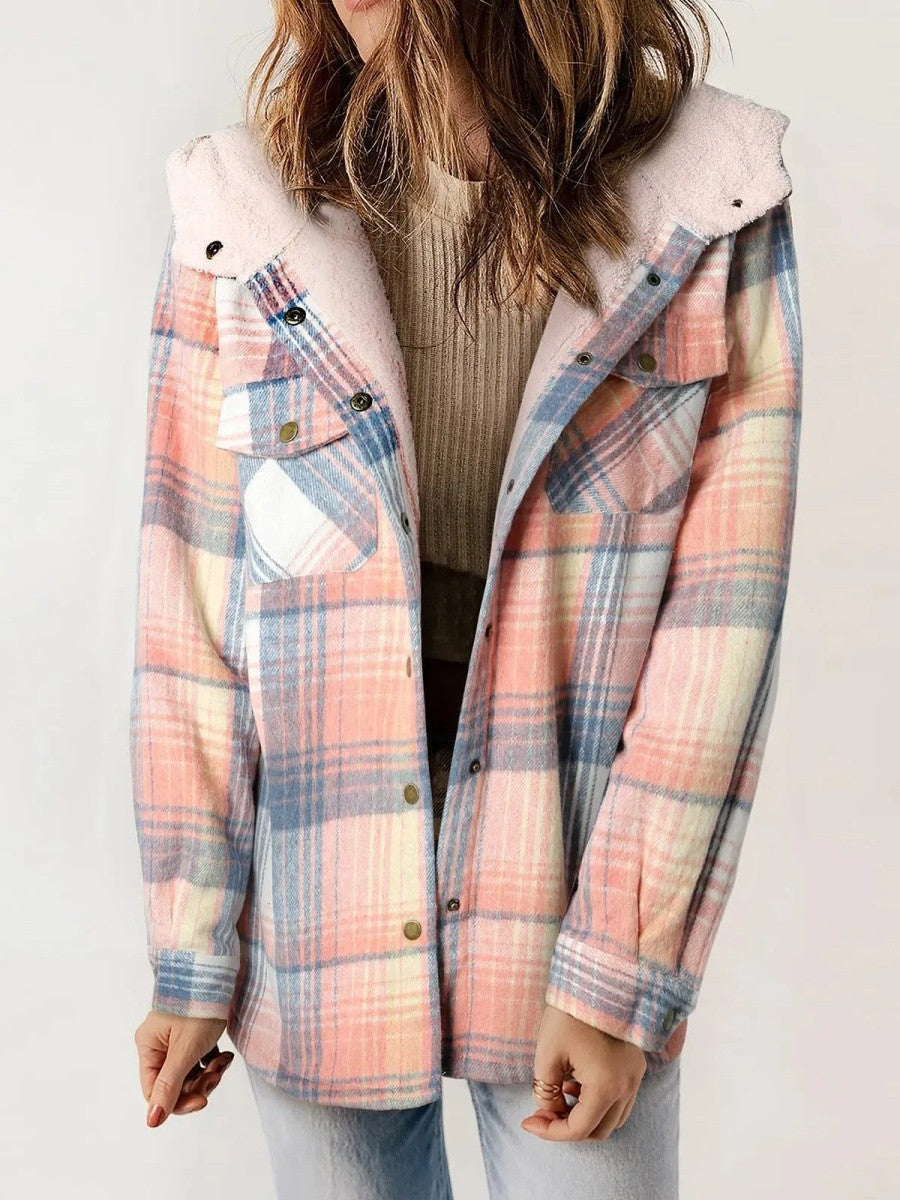 Relaxed Fit Check Flannel Shacket with Sherpa Lined Hood — variant_front