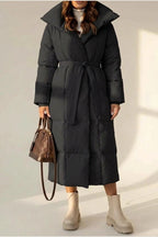 Women's Belted Long Puffer Coat with Silhouette Design – Ines — variant_front