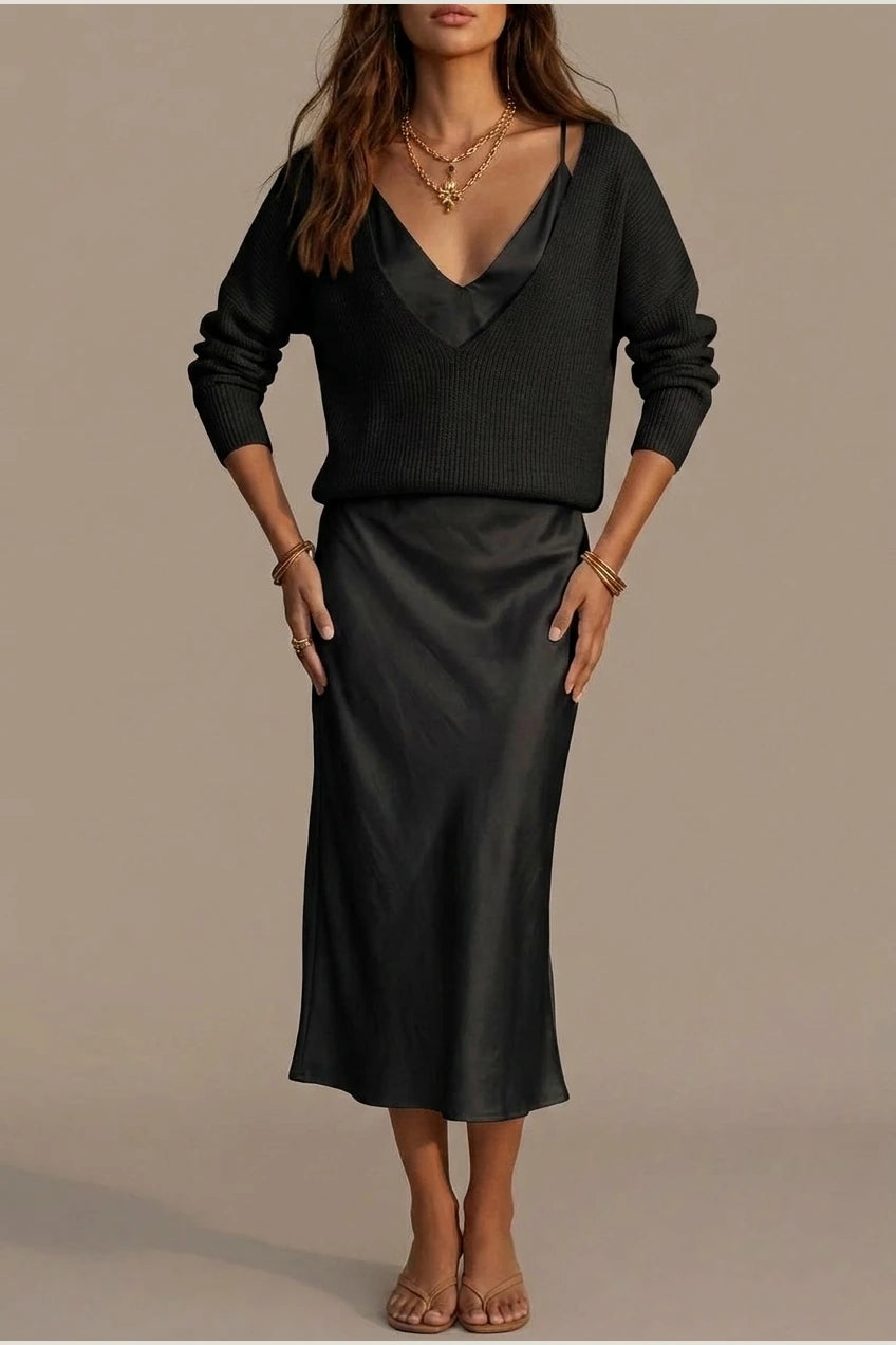 Montarello Women's Satin-Look Midi Dress Knit Co-Ord Set — variant_front