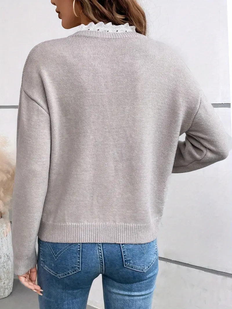 Knit V‑Neck Sweater with Lace Trim Detail, Relaxed Fit — variant_front