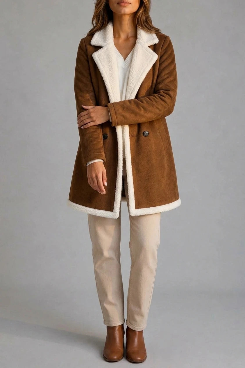Women’s Suede Look Shearling Coat – Longline Teddy Trim Jacket — variant_front