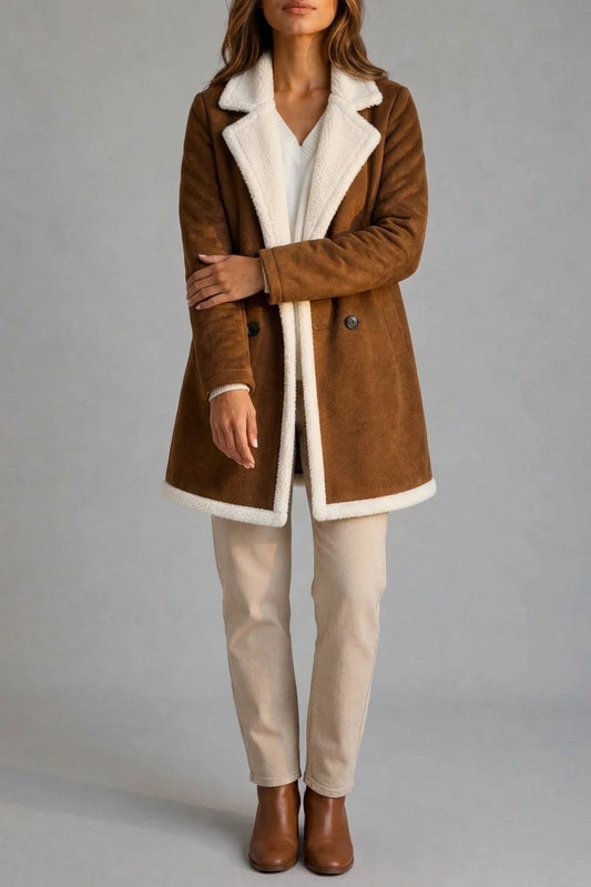 Women’s Suede Look Shearling Coat – Longline Teddy Trim Jacket — variant_front
