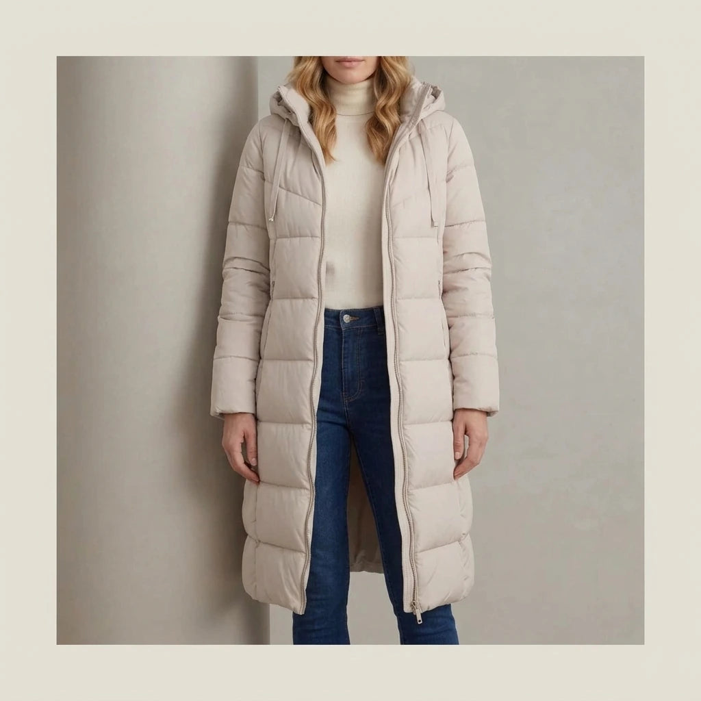 Women's Cozy Longline Puffer Jacket – Clover — variant_lifestyle_v_b7efc41a3d__langley-cozy-longline-puffer-jacket-for-women_lifestyle_leaning_wall_05.webp