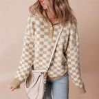 Retro Checkerboard Knit Sweater with Collared Neck and Button Detail — variant_front