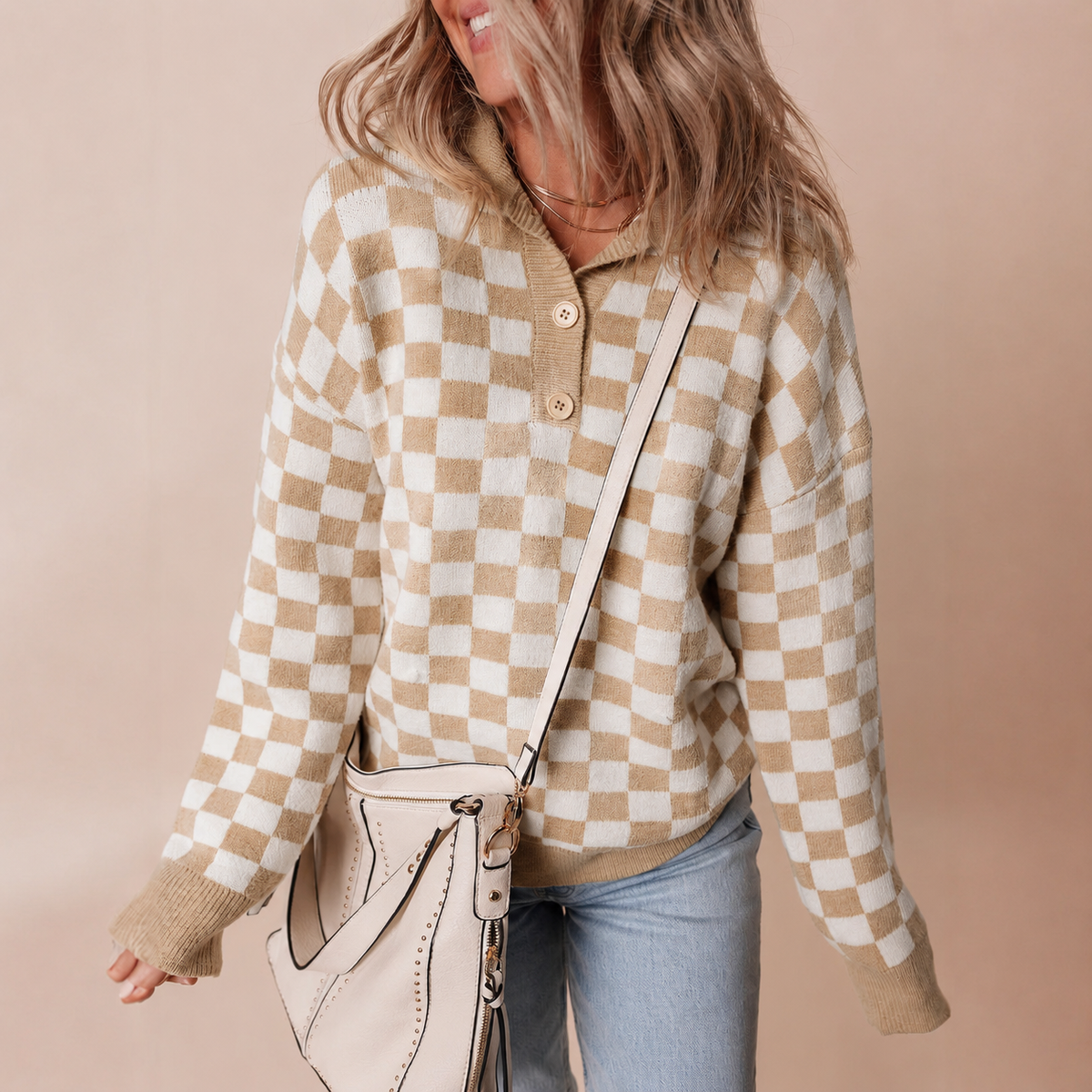 Retro Checkerboard Knit Sweater with Collared Neck and Button Detail — variant_front