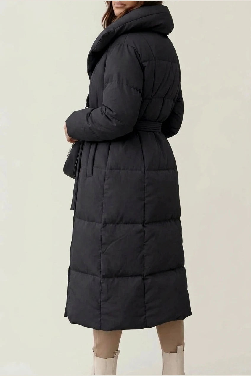 Women's Belted Long Puffer Coat with Silhouette Design – Ines — variant_front