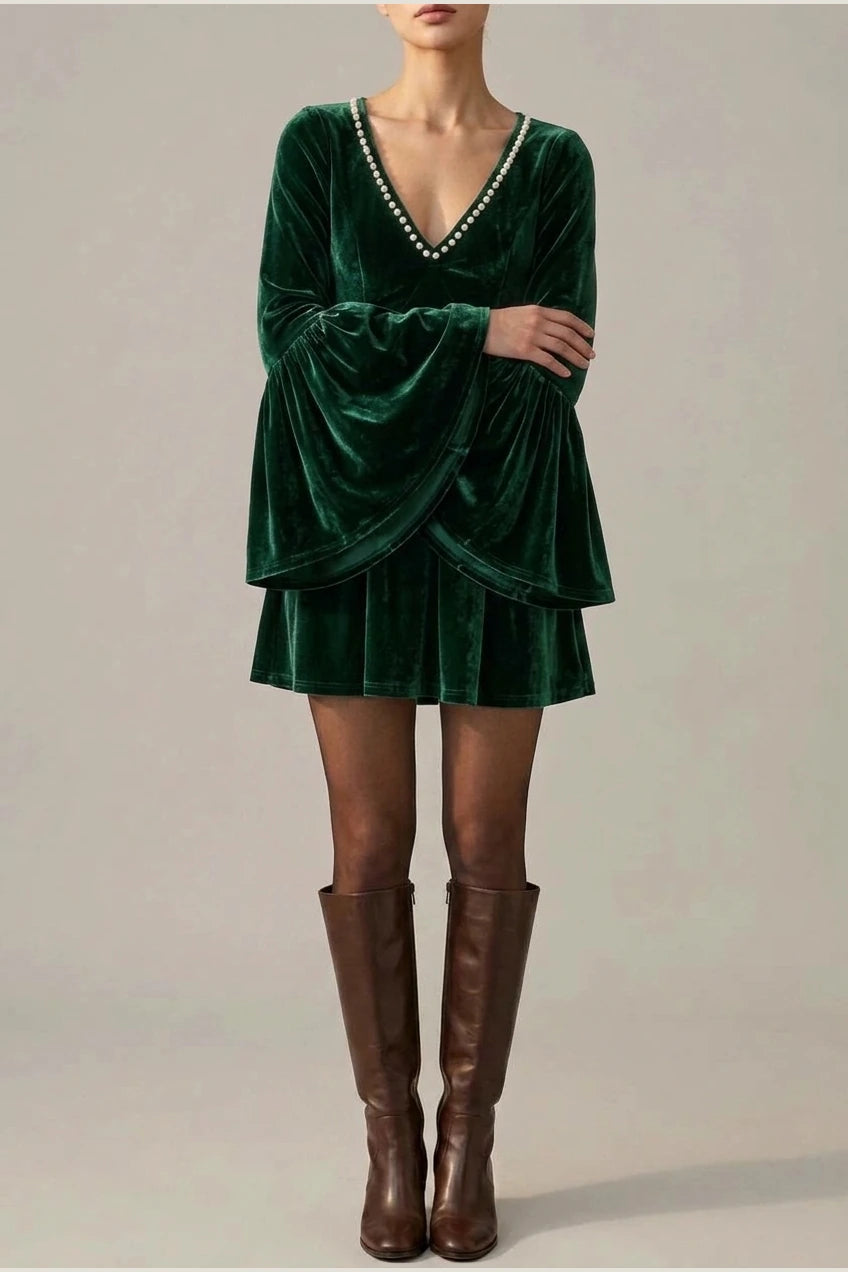 Mini Dress Women - Velvet Mini Dress with V-Neckline — variant_front