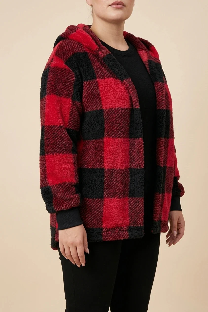 Plus Size, Plus Size Women's Elegant Red & Black Plaid Hooded Jacket - Warm Winter Suitable for Fall/Winter, Cozy Outerwear with Hood, Machine Washable Blazer for Weather, Hand Washable or Dry Cleanable (No) — variant_front