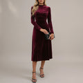 Velvet Autumn Wedding Guest A-Line Midi Dress with Long Sleeves for Women — variant_front